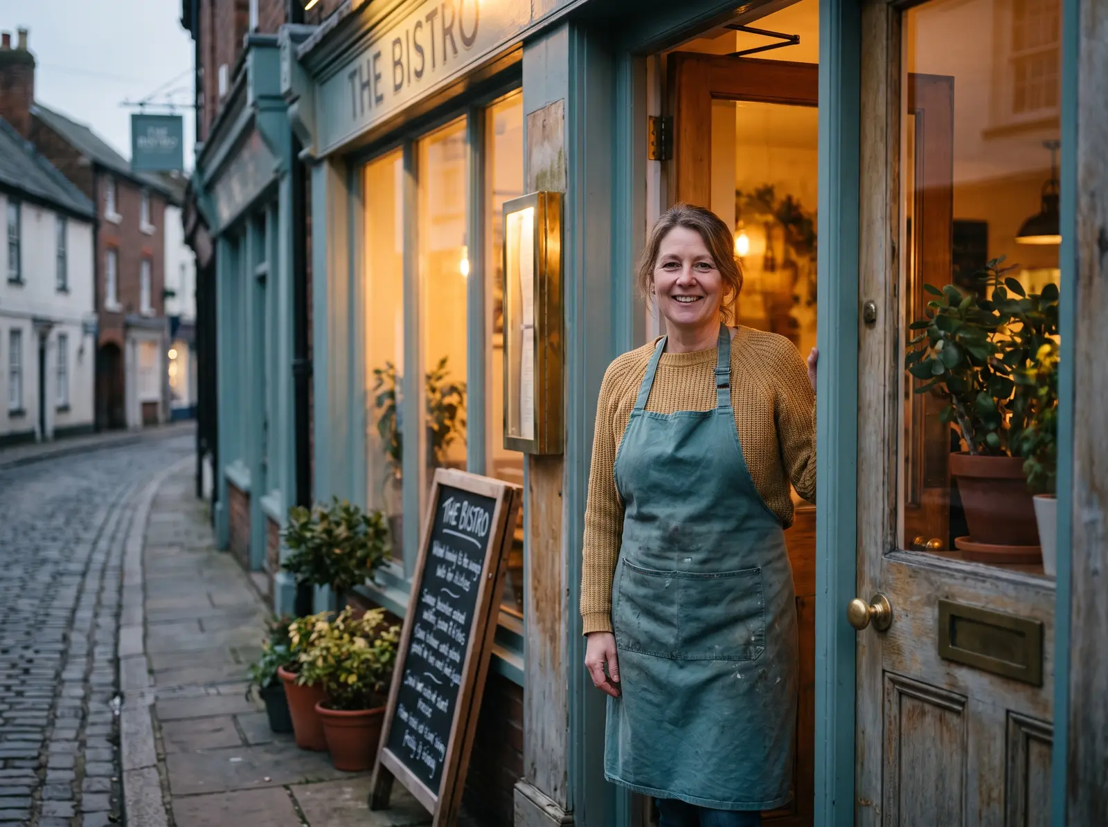 Woman in an apron standing in the doorway of a warmly lit restaurant