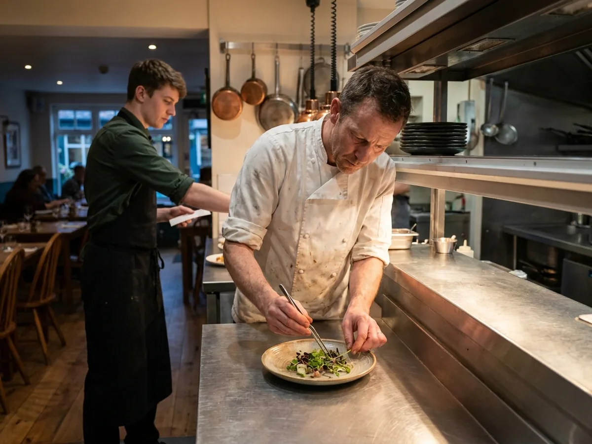A chef plating a dish at the pass while a server reaches for it
