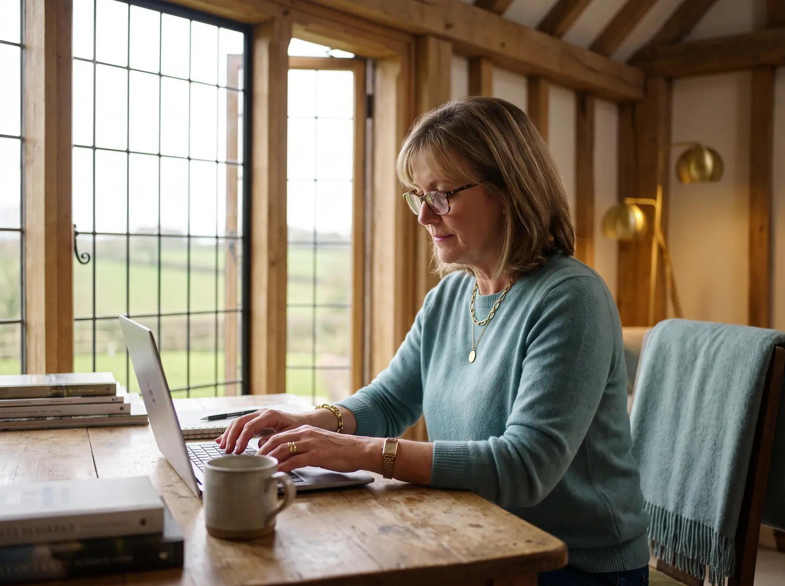Illustrative scene of a consultant using a laptop at a wooden table beside countryside windows