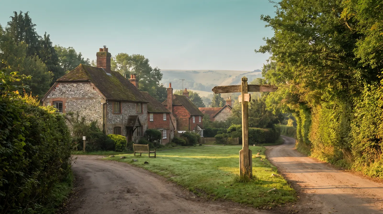 An illustrative country lane beside flint cottages, a village green and distant chalk hills