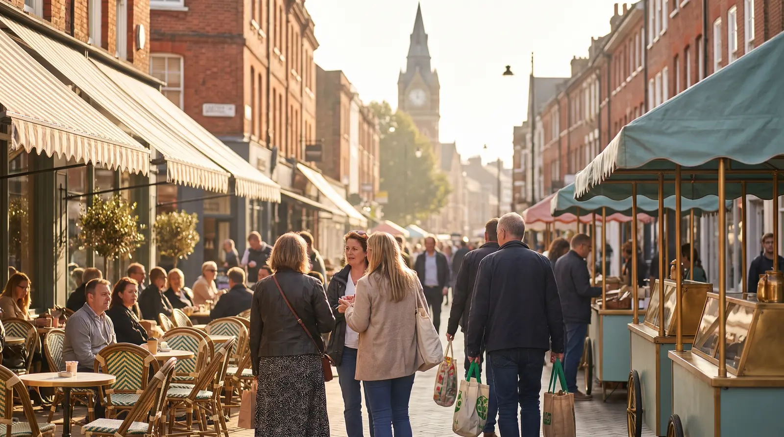 An illustrative busy high street with shoppers and pavement cafés