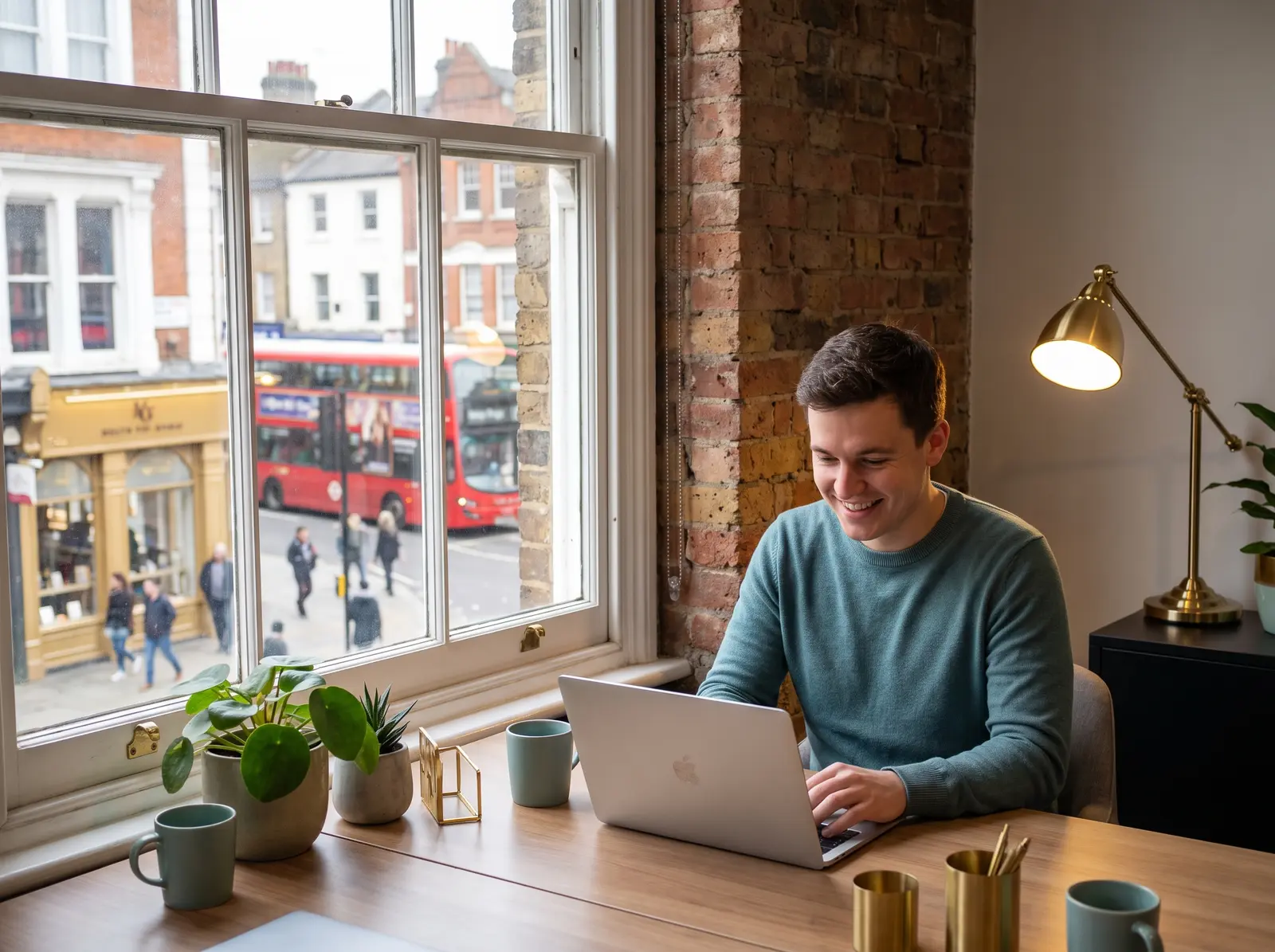 Illustrative scene of a professional working on a laptop beside an office window overlooking shops