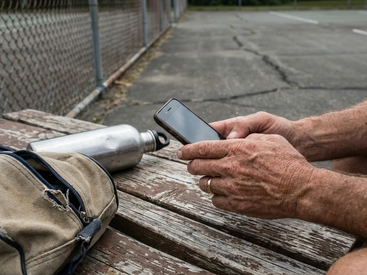 A player checking their phone on a courtside bench beside a racket bag