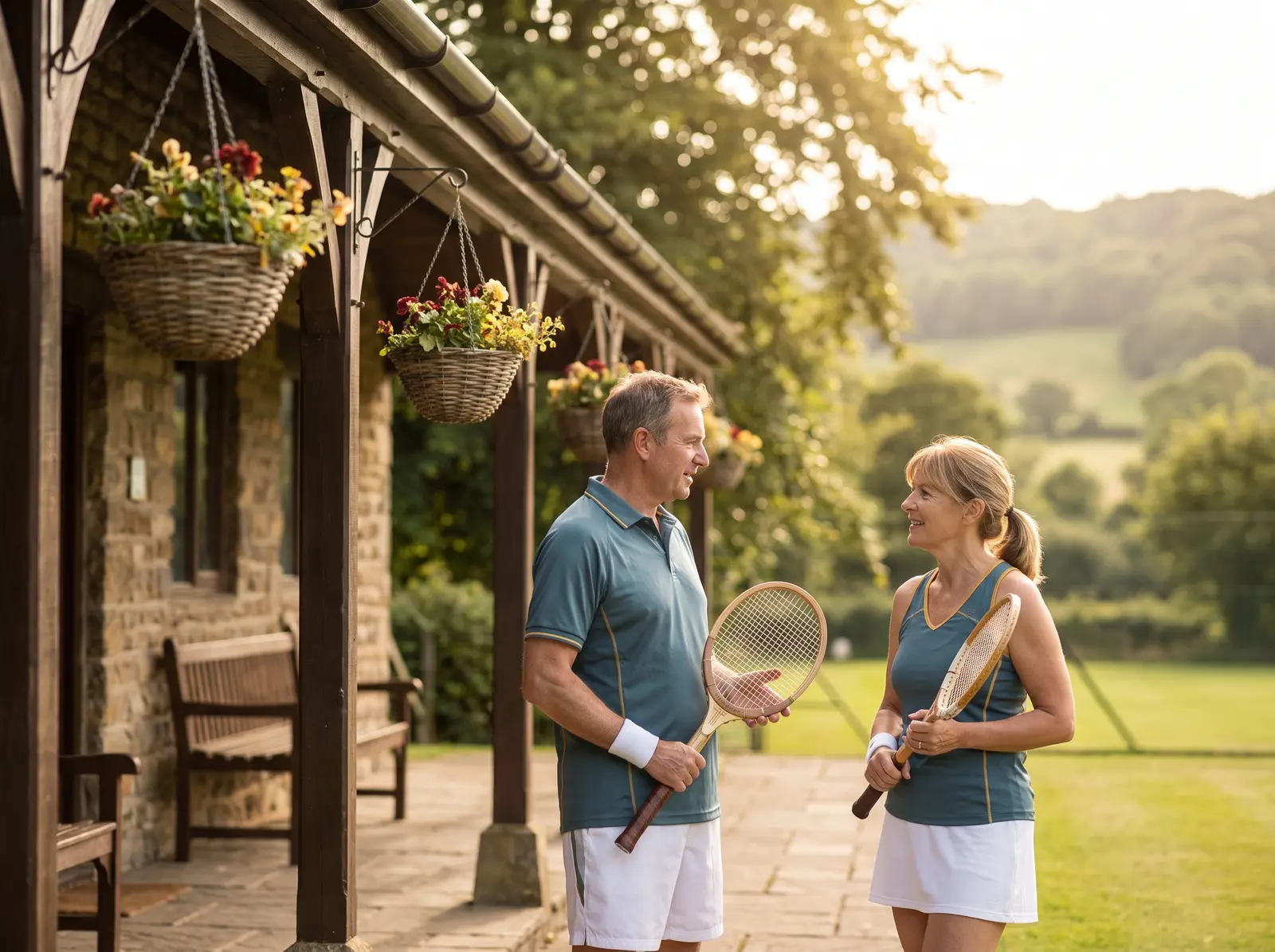 Two tennis players holding rackets and chatting beside a clubhouse with hanging baskets