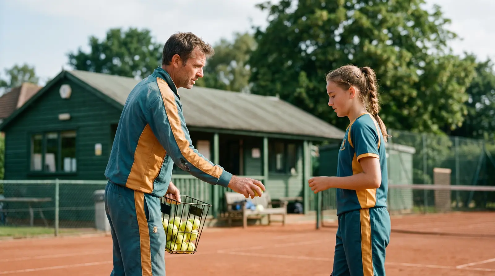 Tennis coach with a basket of balls helping a young player on an outdoor court