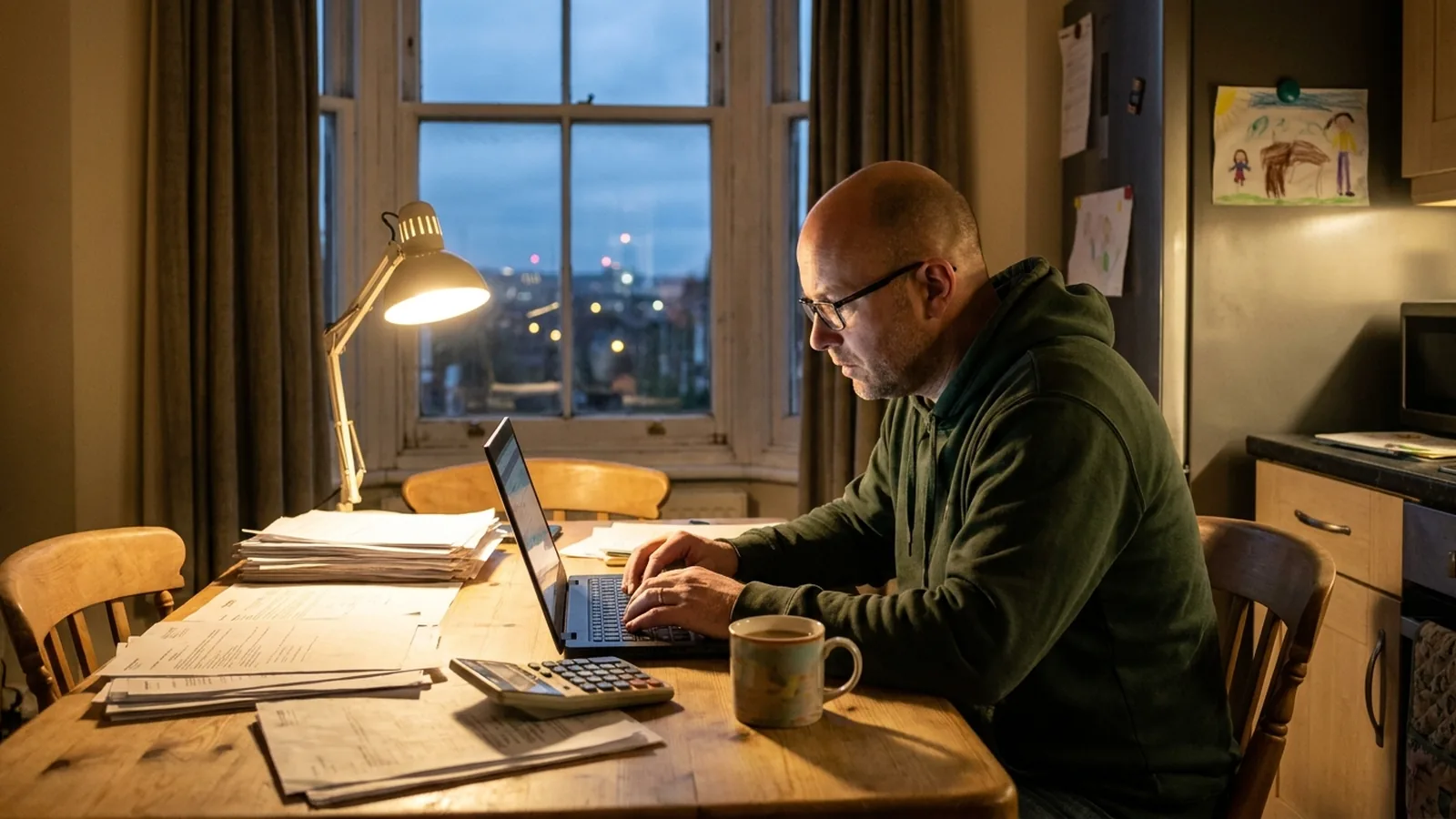 A developer working on a laptop at a kitchen table in the evening