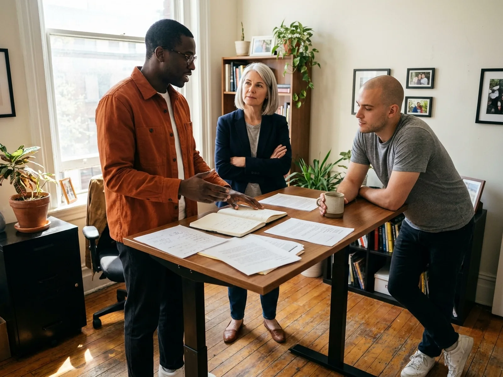 Three colleagues talking at a standing desk in a small office