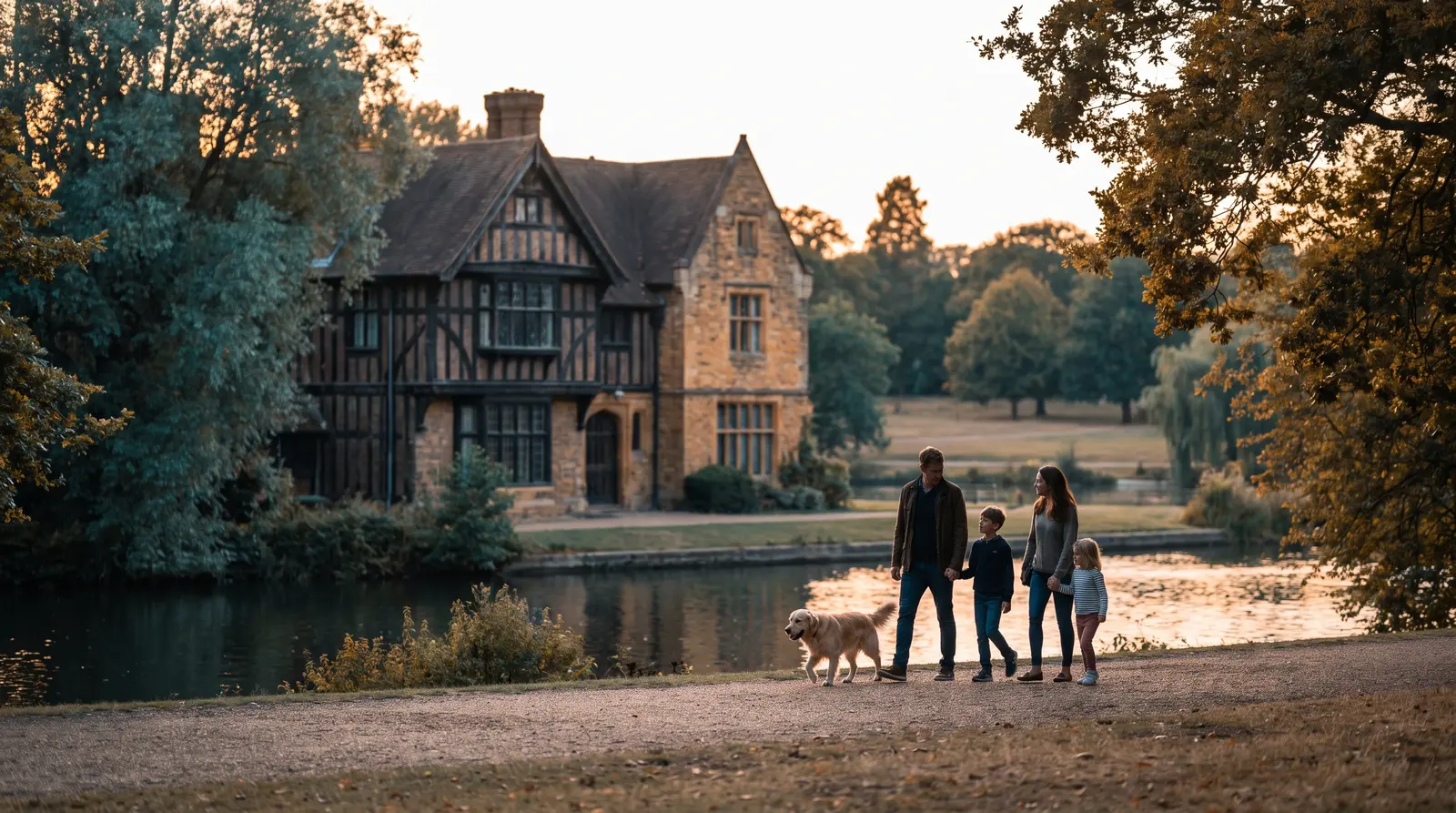 A family walking a dog beside a lake and a historic building in a leafy park