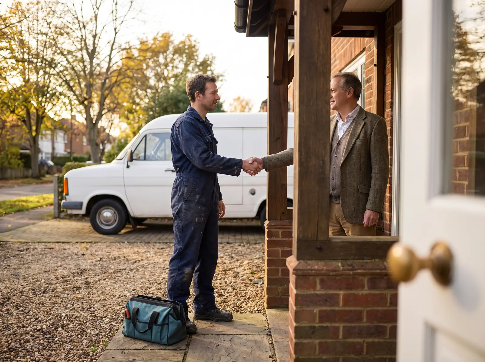 A tradesperson greeting a homeowner at the front door, with a work van and tool bag nearby