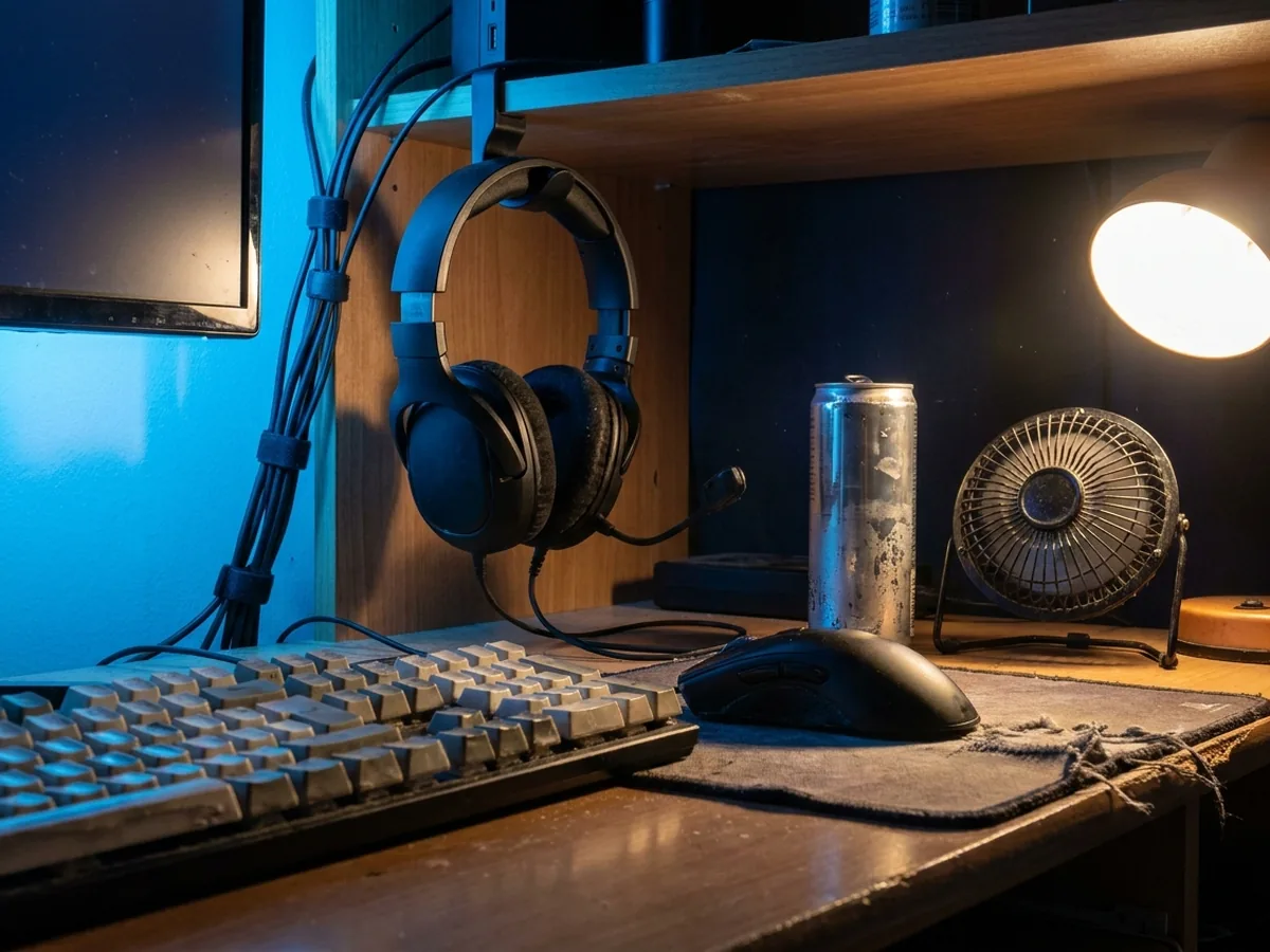 A home gaming desk at night, keyboard and headset lit by monitor glow