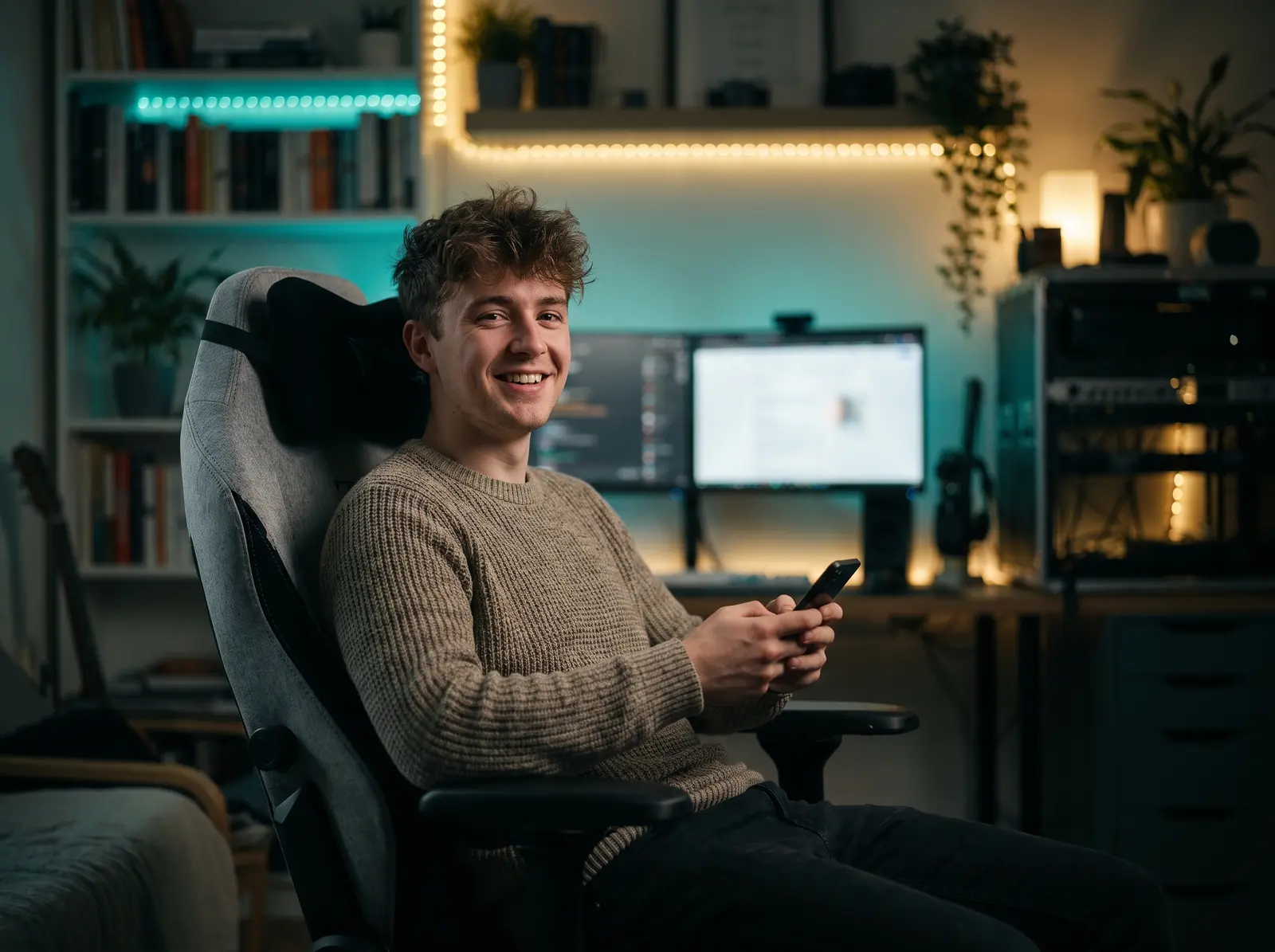 Creator sitting at a home streaming desk and checking a phone