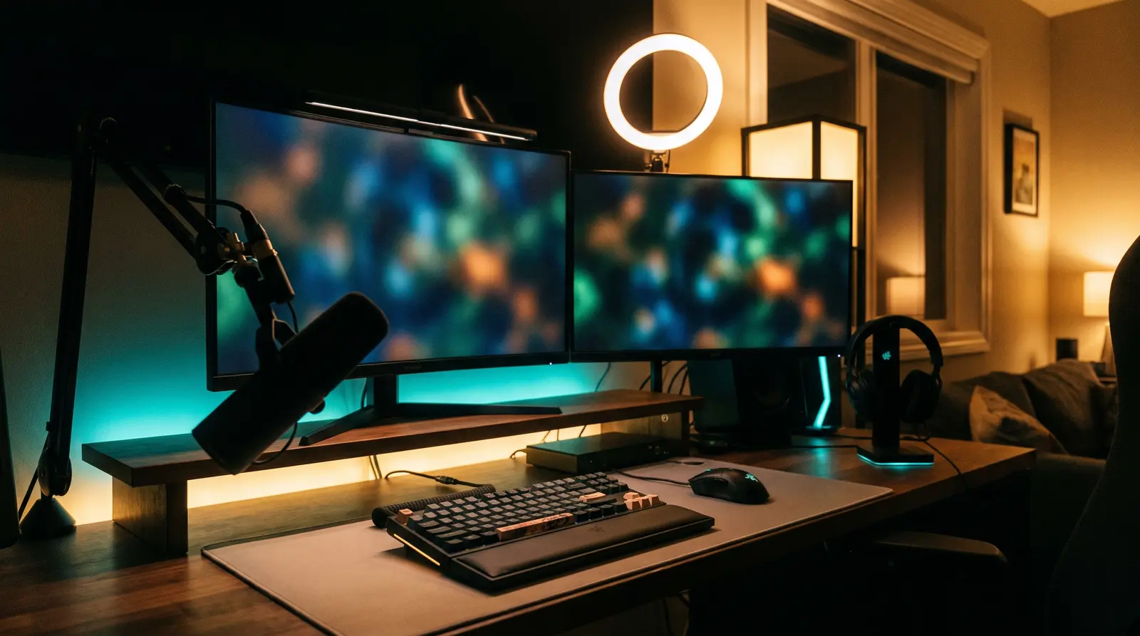 Home streaming desk with two monitors, a microphone, headphones and warm lighting
