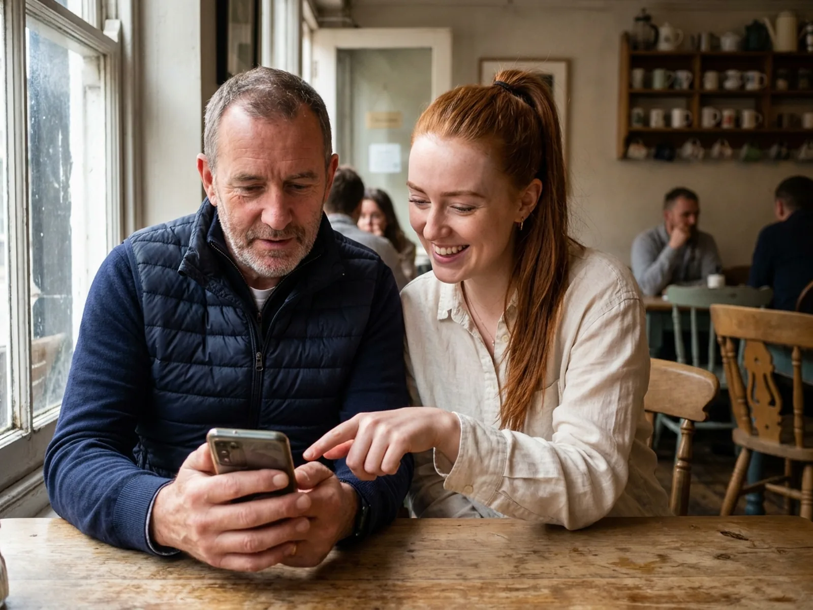 Two people looking at an app on a phone together in a café