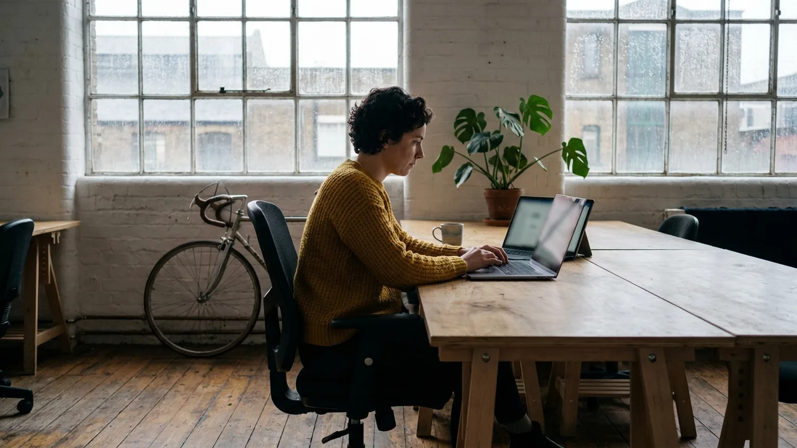 A developer working on a laptop and second screen at a long desk in a shared workspace