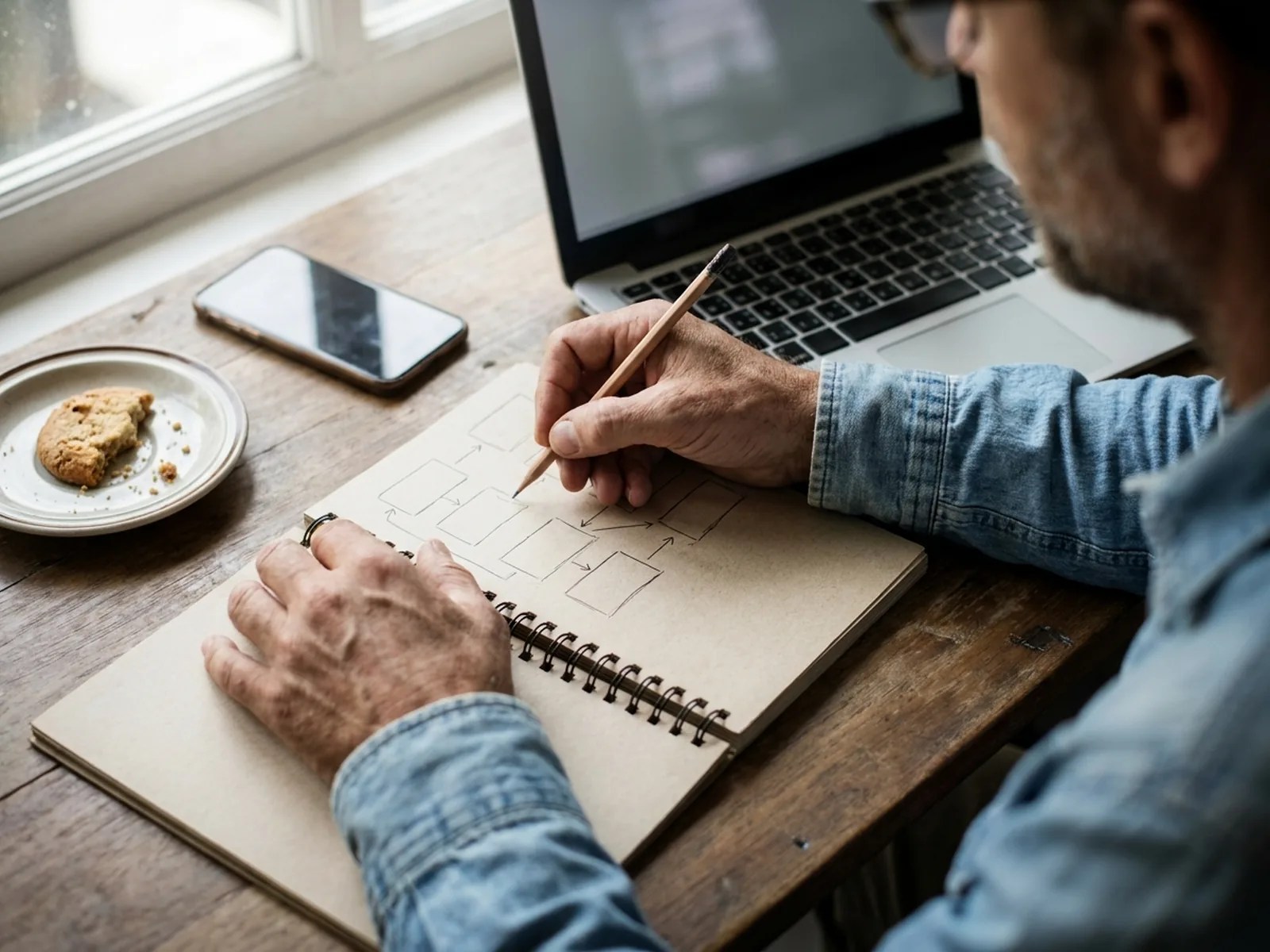 Hands sketching boxes and arrows in a notebook beside a laptop keyboard