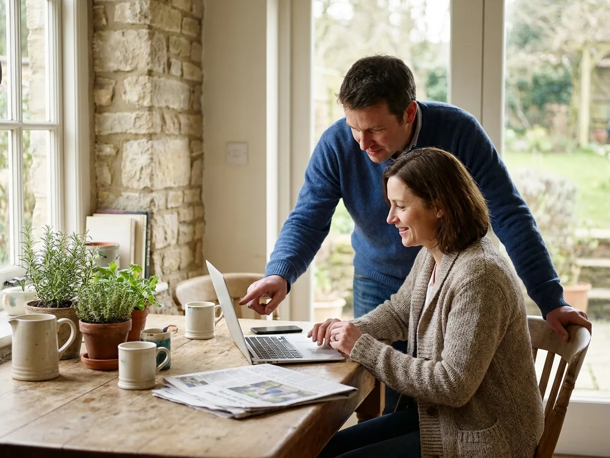 Two people at a kitchen table looking at a website together on a laptop