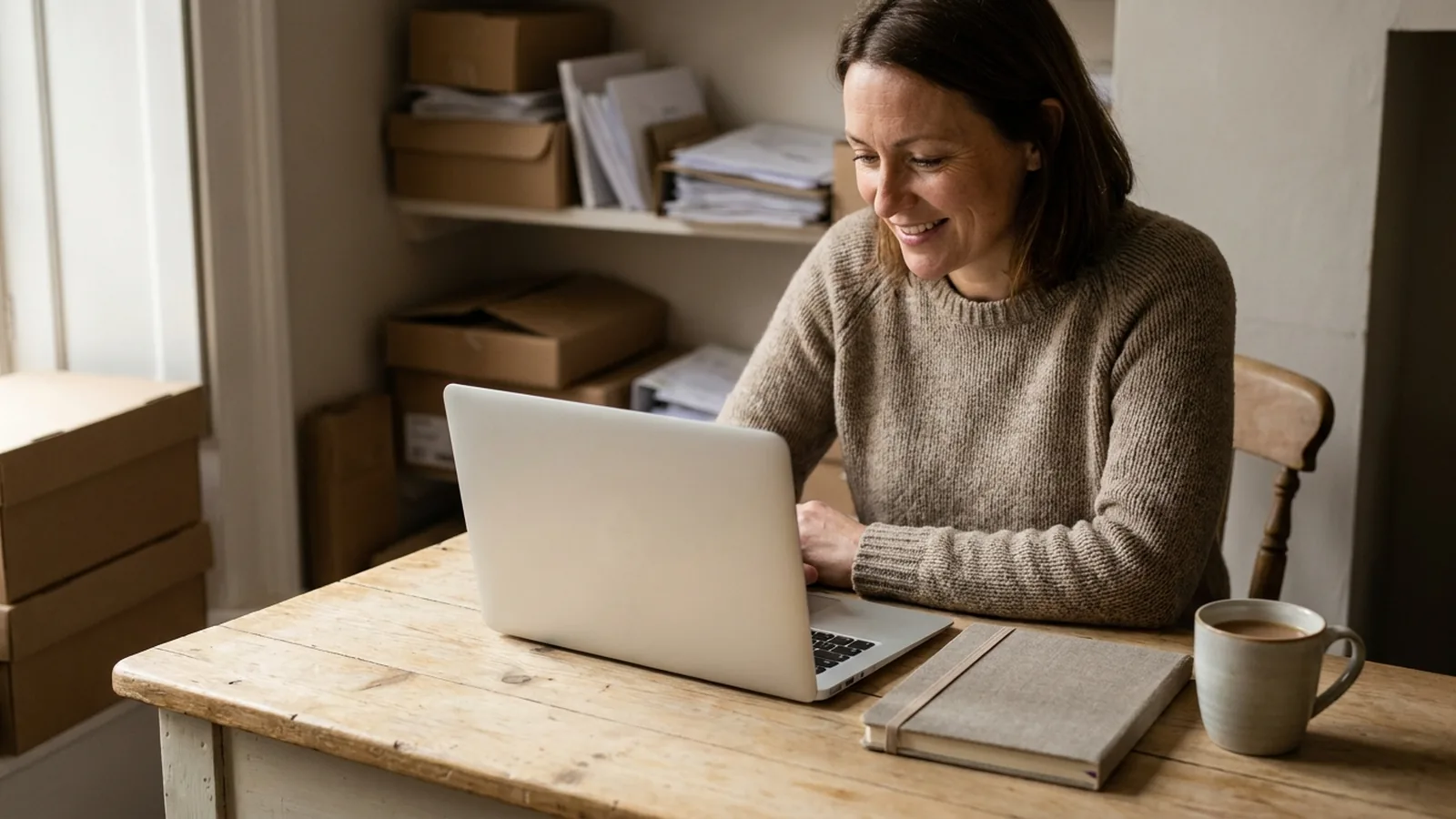 A small business owner looking at her website on a laptop at a wooden desk