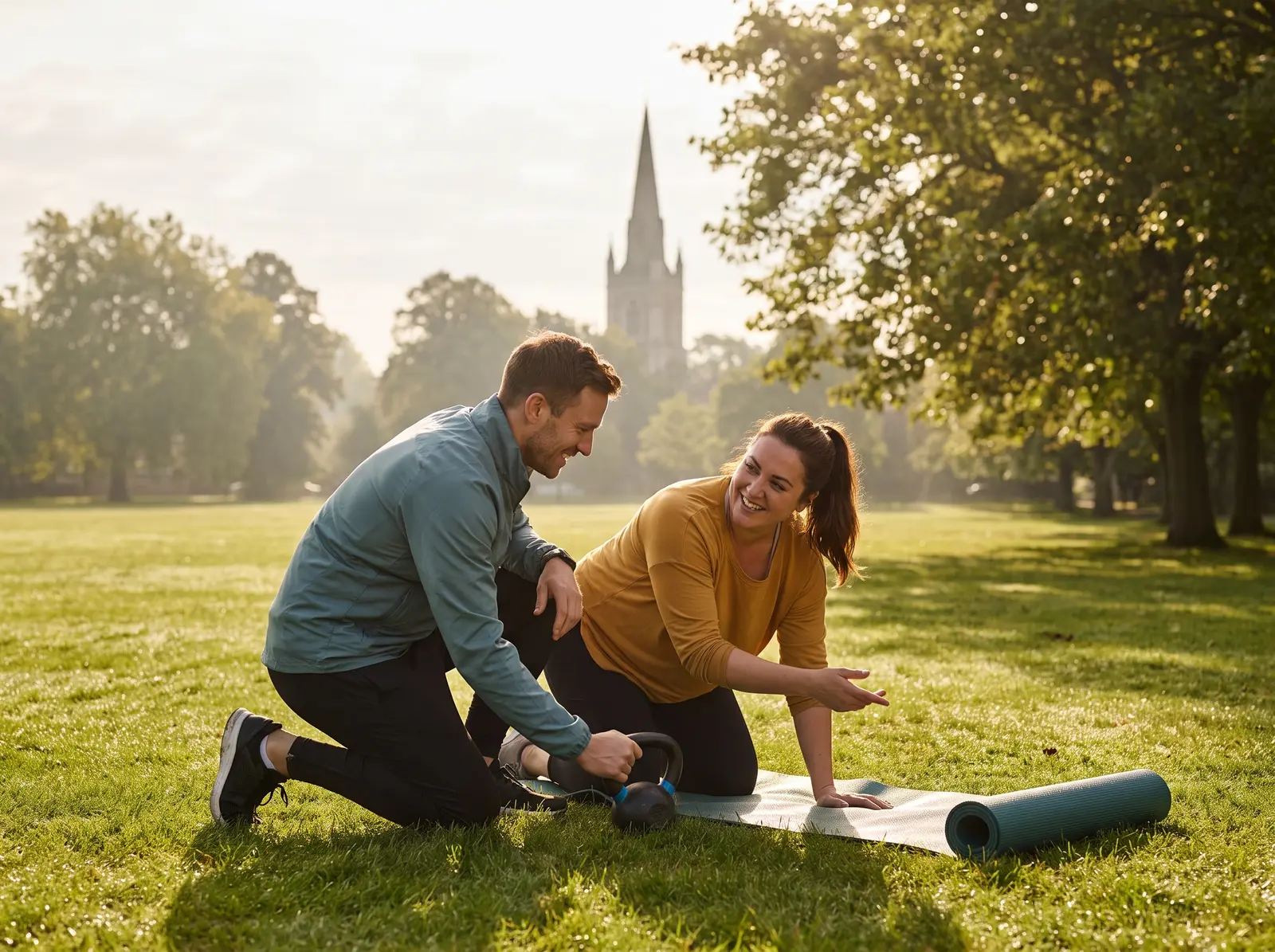 Illustrative outdoor training session with an exercise mat and kettlebell
