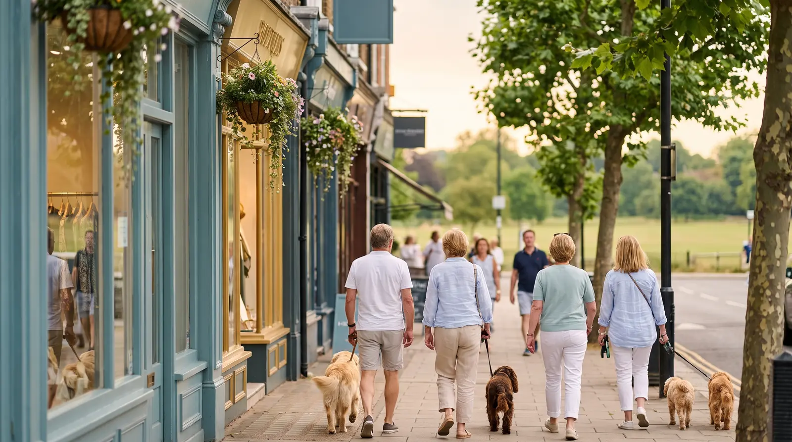 Illustrative village street scene with independent shops and people walking dogs