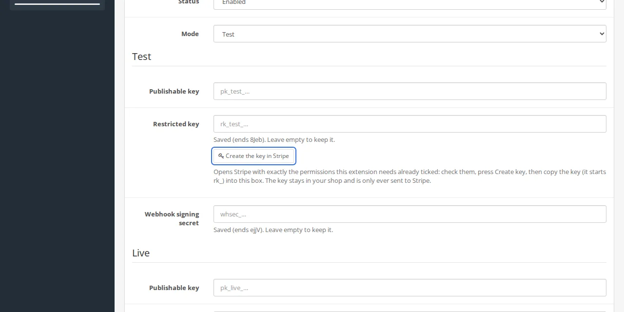 Connect Stripe, in Test mode first