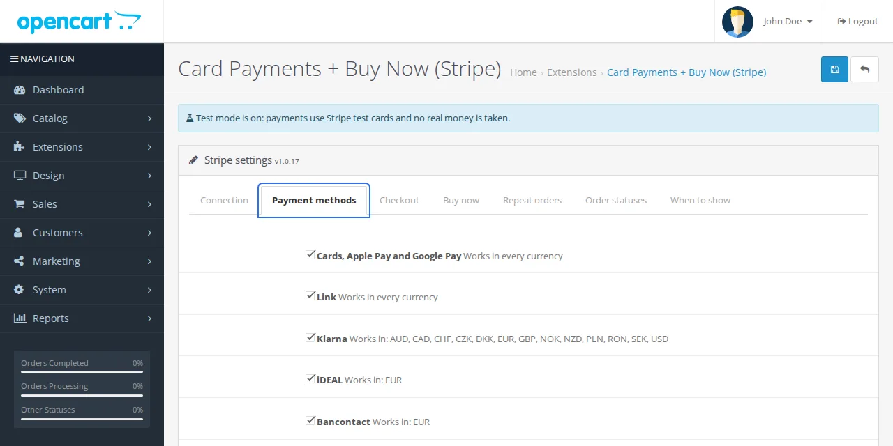 The Payment methods tab