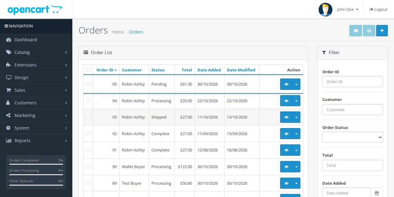The test order under Sales, Orders